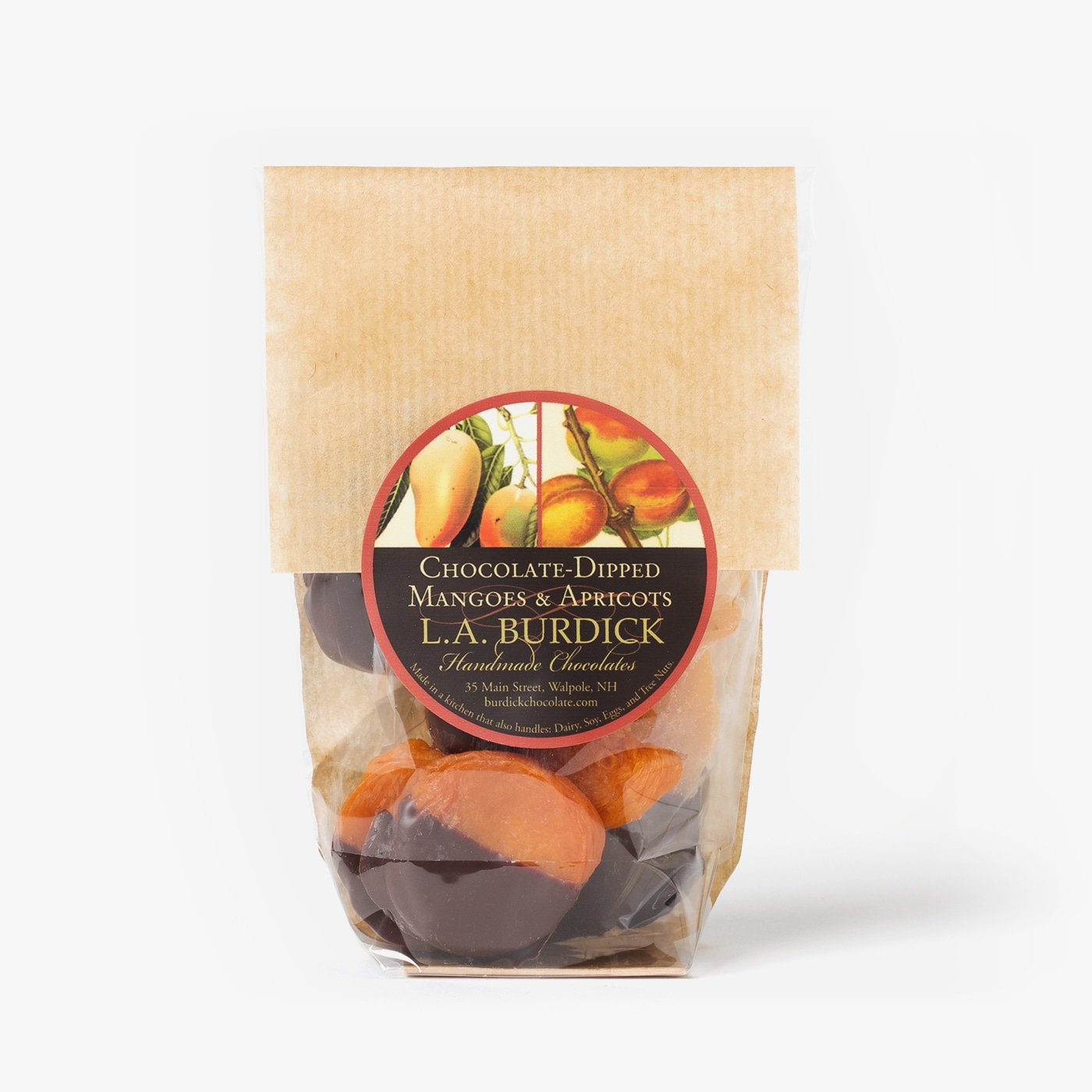 Package of chocolate dipped apricot and mangoes